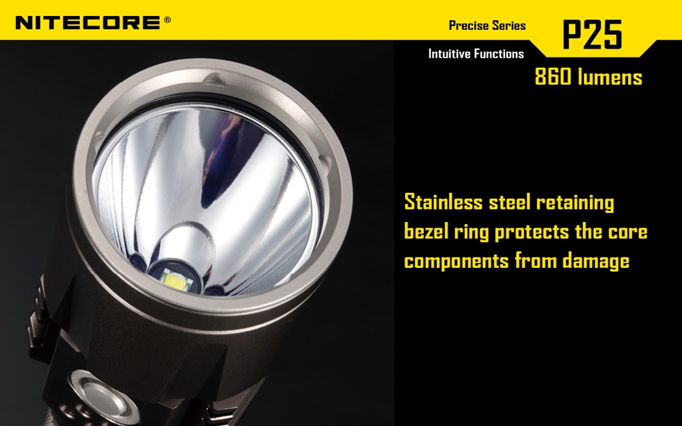 Światło S.O.S.: Tak | Maksymalny czas pracy (godz.): 325 | Zasięg wiązki światła (m): 283 | Waga bez baterii (g): 171 | Futerał: Tak | Wodoodporność: Tak | Kolor: Czarny | Baterie (kompatybilne): 1 x 18650 lub 2 x CR123 | Długość całkowita (mm): 160 | Średnica głowicy (mm): 40 | Źródło światła: Dioda LED Premium CREE XM-L U2 | Światło stroboskopowe: tak | Moc światła (L): 860 - LifeGun.pl Latarka Nitecore P25 Smilodon 860 Lumenów-21