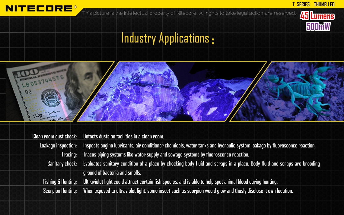 Latarka Nitecore Thumb 85 Lumenów Latarka UV Nitecore Thumb posiada ruchomą głowicę (zakres ruchu: 120 stopni). CECHY: Maksymalny czas pracy: 22 godziny Ruchoma głowica (zakres ruchu: 120 stopni) Zasilanie: wbudowany akumulator Li-ion Ładowanie za pomocą kabla USB (wskaźnik świeci się na czerwono podczas ładowania; wskaźnik świeci się na zielono, gdy akumulator jest naładowany) - LifeGun.pl Latarka UV Nitecore Thumb LEO-8