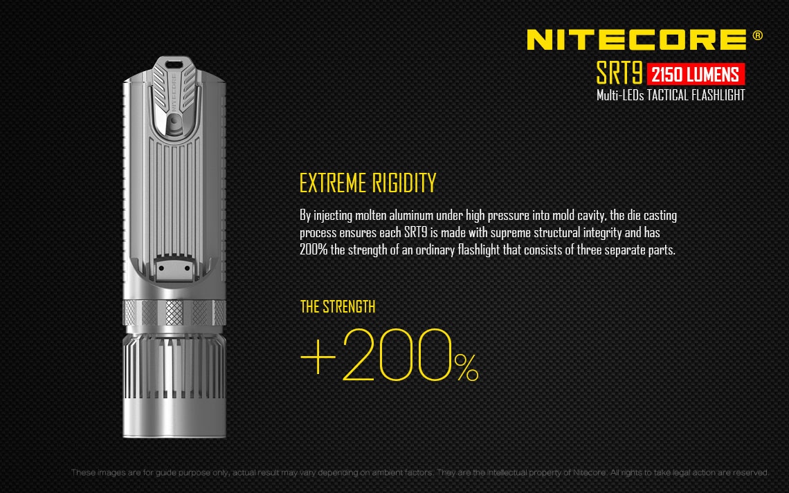 Zasięg wiązki światła (m): 246 | Wodoodporna: Tak - do 2 metrów | Montaż do paska: Standard | Pokrowiec: Tak | Baterie (kompatybilne): 2x 18650 lub 4x CR123 | Opakowanie: Pudełko kartonowe | Moc światła (L): 2150 | Rękojeść: Aluminium lotnicze | Źródło światła: Dioda LED Cree XHP50 - LifeGun.pl Latarka Nitecore SRT9 Smart Ring 2150L-14