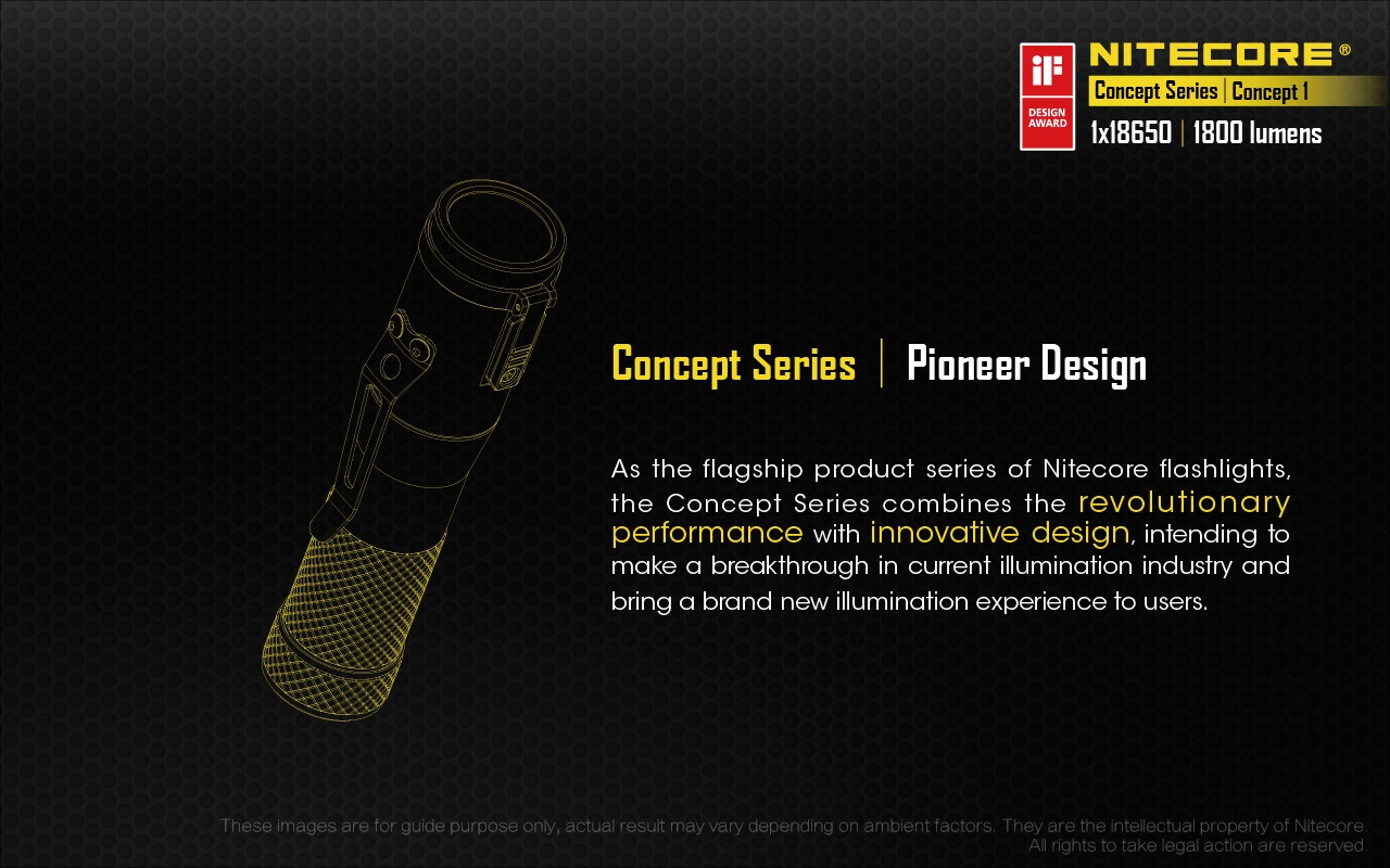 Latarka LED Nitecore Concept 1 1800 Lumenów Firma Nitecore z dumą prezentuje zdobywce nagrody iF Design Award 2018 – latarkę Nitecore Concept 1.Ta mała i niezwykle potężna latarka wyposażona jest w wydajną diodę LED CREE XHP35 HD E2, która zapewnia maksymalną moc latarki 1800 lumenów. 5 poziomów jasności, 3 tryby specjalne i maksymalny czas pracy - LifeGun.pl Latarka LED Nitecore Concept 1 1800 Lumenów-5