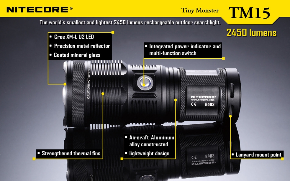 Maksymalny czas pracy (godz.): 52 | Zasięg wiązki światła (m): 465 | Waga bez baterii (g): 447 | Futerał: Tak | Wodoodporność: Do 2 m | Kolor: Czarny | Baterie (kompatybilne): 4 x 18650 lub 8 x CR123 | Długość całkowita (mm): 158 | Moc światła (L): 2650 | Średnica głowicy (mm): 60 | Źródło światła: 3x Dioda LED CREE XM-L2 - LifeGun.pl Latarka Nitecore TM15 Tiny Monster 2650 Lumenów-23