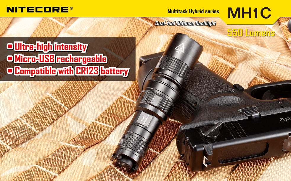 Światło S.O.S.: Tak | Maksymalny czas pracy (godz.): 10 | Zasięg wiązki światła (m): 120 | Waga bez baterii (g): 63 | Baterie w zestawie: 1x RCR123A | Futerał: Tak | Wodoodporność: Do 2 m | Kolor: Czarny | Baterie (kompatybilne): 1x RCR123A (w zestawie) lub 1x CR123 | Długość całkowita (mm): 109 | Średnica głowicy (mm): 25 | Źródło światła: Dioda LED Premium CREE XM-L U2 | Światło stroboskopowe: tak | Moc światła (L): 550 - LifeGun.pl Latarka Nitecore MH1C Multitask Hybrid 550 Lumenów-2