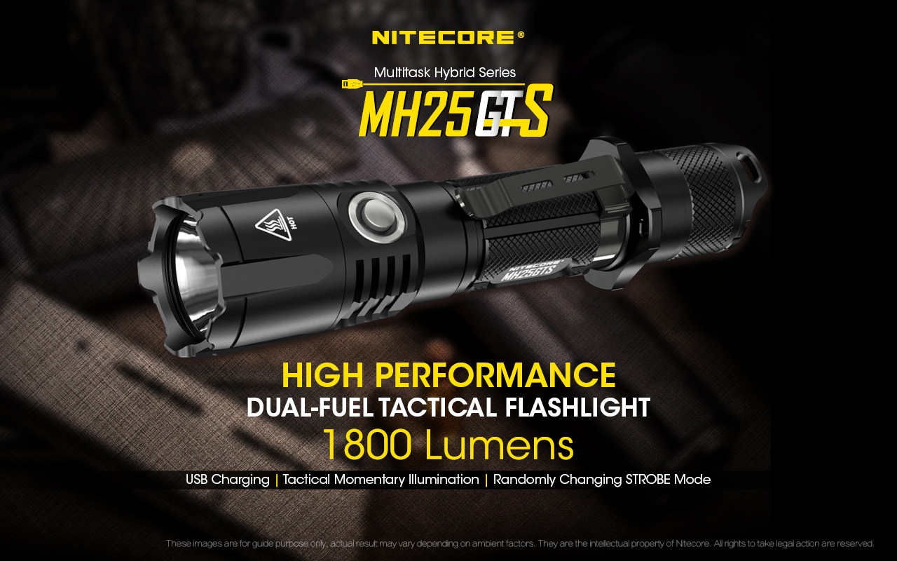 Światło S.O.S.: Tak | Maksymalny czas pracy (godz.): 250 | Zasięg wiązki światła (m): 304 | Wodoodporna: Tak - do 2 metrów | Długość całkowita (mm): 150 | Średnica głowicy (mm): 34 | Źródło światła: LED CREE XHP35 HD | Światło stroboskopowe: tak | Moc światła (L): 1800 | Waga (g): 124 - LifeGun.pl Latarka Nitecore MH25GTS 1800 Lumenów-4