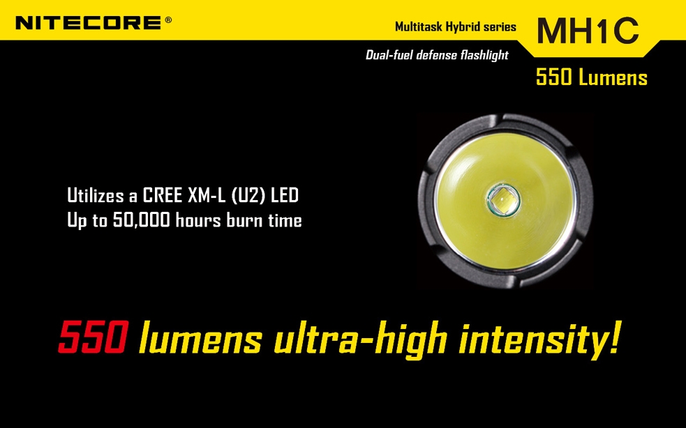 Światło S.O.S.: Tak | Maksymalny czas pracy (godz.): 10 | Zasięg wiązki światła (m): 120 | Waga bez baterii (g): 63 | Baterie w zestawie: 1x RCR123A | Futerał: Tak | Wodoodporność: Do 2 m | Kolor: Czarny | Baterie (kompatybilne): 1x RCR123A (w zestawie) lub 1x CR123 | Długość całkowita (mm): 109 | Średnica głowicy (mm): 25 | Źródło światła: Dioda LED Premium CREE XM-L U2 | Światło stroboskopowe: tak | Moc światła (L): 550 - LifeGun.pl Latarka Nitecore MH1C Multitask Hybrid 550 Lumenów-12