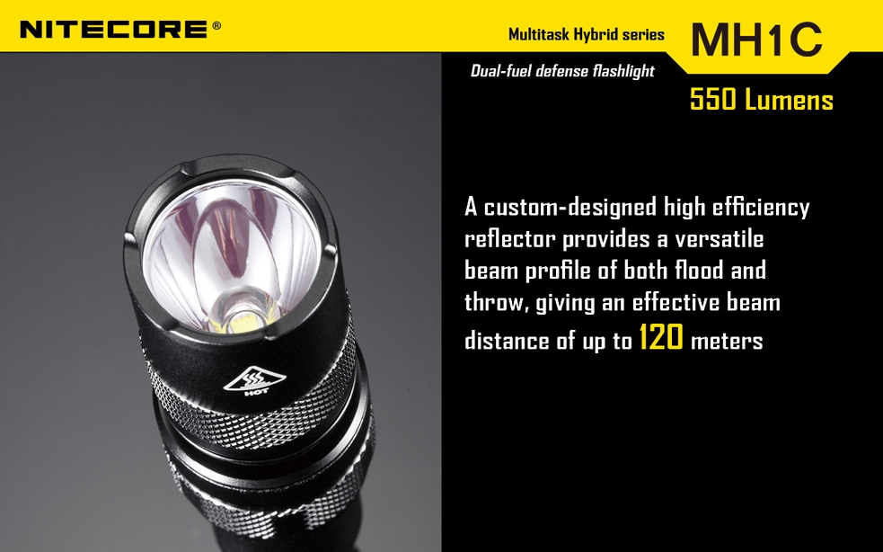 Światło S.O.S.: Tak | Maksymalny czas pracy (godz.): 10 | Zasięg wiązki światła (m): 120 | Waga bez baterii (g): 63 | Baterie w zestawie: 1x RCR123A | Futerał: Tak | Wodoodporność: Do 2 m | Kolor: Czarny | Baterie (kompatybilne): 1x RCR123A (w zestawie) lub 1x CR123 | Długość całkowita (mm): 109 | Średnica głowicy (mm): 25 | Źródło światła: Dioda LED Premium CREE XM-L U2 | Światło stroboskopowe: tak | Moc światła (L): 550 - LifeGun.pl Latarka Nitecore MH1C Multitask Hybrid 550 Lumenów-13