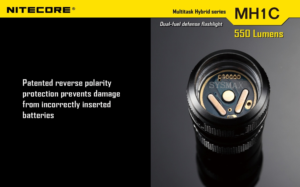 Światło S.O.S.: Tak | Maksymalny czas pracy (godz.): 10 | Zasięg wiązki światła (m): 120 | Waga bez baterii (g): 63 | Baterie w zestawie: 1x RCR123A | Futerał: Tak | Wodoodporność: Do 2 m | Kolor: Czarny | Baterie (kompatybilne): 1x RCR123A (w zestawie) lub 1x CR123 | Długość całkowita (mm): 109 | Średnica głowicy (mm): 25 | Źródło światła: Dioda LED Premium CREE XM-L U2 | Światło stroboskopowe: tak | Moc światła (L): 550 - LifeGun.pl Latarka Nitecore MH1C Multitask Hybrid 550 Lumenów-14