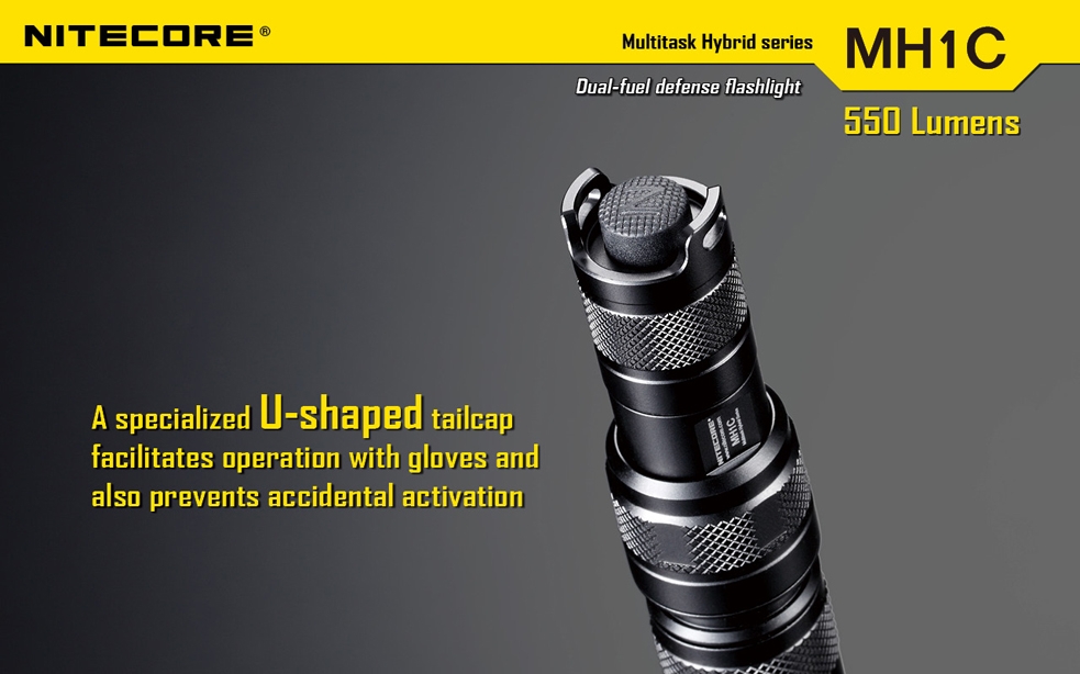 Światło S.O.S.: Tak | Maksymalny czas pracy (godz.): 10 | Zasięg wiązki światła (m): 120 | Waga bez baterii (g): 63 | Baterie w zestawie: 1x RCR123A | Futerał: Tak | Wodoodporność: Do 2 m | Kolor: Czarny | Baterie (kompatybilne): 1x RCR123A (w zestawie) lub 1x CR123 | Długość całkowita (mm): 109 | Średnica głowicy (mm): 25 | Źródło światła: Dioda LED Premium CREE XM-L U2 | Światło stroboskopowe: tak | Moc światła (L): 550 - LifeGun.pl Latarka Nitecore MH1C Multitask Hybrid 550 Lumenów-16