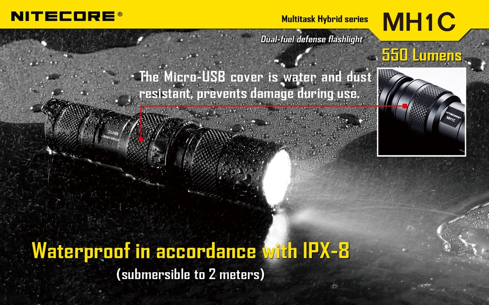 Światło S.O.S.: Tak | Maksymalny czas pracy (godz.): 10 | Zasięg wiązki światła (m): 120 | Waga bez baterii (g): 63 | Baterie w zestawie: 1x RCR123A | Futerał: Tak | Wodoodporność: Do 2 m | Kolor: Czarny | Baterie (kompatybilne): 1x RCR123A (w zestawie) lub 1x CR123 | Długość całkowita (mm): 109 | Średnica głowicy (mm): 25 | Źródło światła: Dioda LED Premium CREE XM-L U2 | Światło stroboskopowe: tak | Moc światła (L): 550 - LifeGun.pl Latarka Nitecore MH1C Multitask Hybrid 550 Lumenów-17
