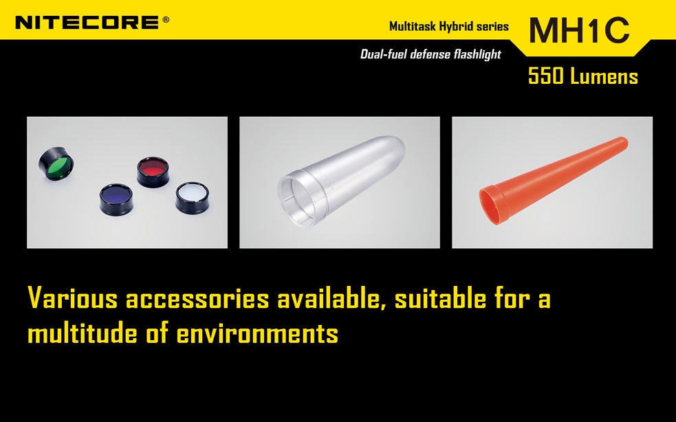 Światło S.O.S.: Tak | Maksymalny czas pracy (godz.): 10 | Zasięg wiązki światła (m): 120 | Waga bez baterii (g): 63 | Baterie w zestawie: 1x RCR123A | Futerał: Tak | Wodoodporność: Do 2 m | Kolor: Czarny | Baterie (kompatybilne): 1x RCR123A (w zestawie) lub 1x CR123 | Długość całkowita (mm): 109 | Średnica głowicy (mm): 25 | Źródło światła: Dioda LED Premium CREE XM-L U2 | Światło stroboskopowe: tak | Moc światła (L): 550 - LifeGun.pl Latarka Nitecore MH1C Multitask Hybrid 550 Lumenów-19