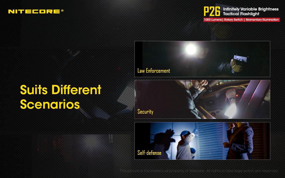 Maksymalny czas pracy (godz.): 500 | Zasięg wiązki światła (m): 310 | Baterie (kompatybilne): 1 x 18650 lub 2 x CR123 lub 2 x RCR123 | Światło stroboskopowe: tak | Źródło światła: Dioda LED CREE XP-L HI V3 | Długość całkowita (cm): 14.9 | Moc światła (L): 1000 | Waga (g): 128 - LifeGun.pl Latarka Nitecore P26 1000 lumenów-12