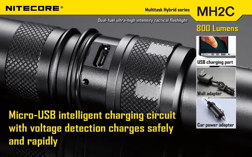 Światło S.O.S.: Tak | Maksymalny czas pracy (godz.): 28 | Zasięg wiązki światła (m): 140 | Waga bez baterii (g): 90 | Baterie w zestawie: 1x 18650 | Futerał: Tak | Wodoodporność: Do 2 m | Kolor: Czarny | Baterie (kompatybilne): 1 x 18650 lub 2 x CR123 | Długość całkowita (mm): 150 | Średnica głowicy (mm): 25 | Źródło światła: Dioda LED Premium CREE XM-L U2 | Światło stroboskopowe: tak | Moc światła (L): 800 - LifeGun.pl Latarka Nitecore MH2C Multitask Hybrid 800 Lumenów-5