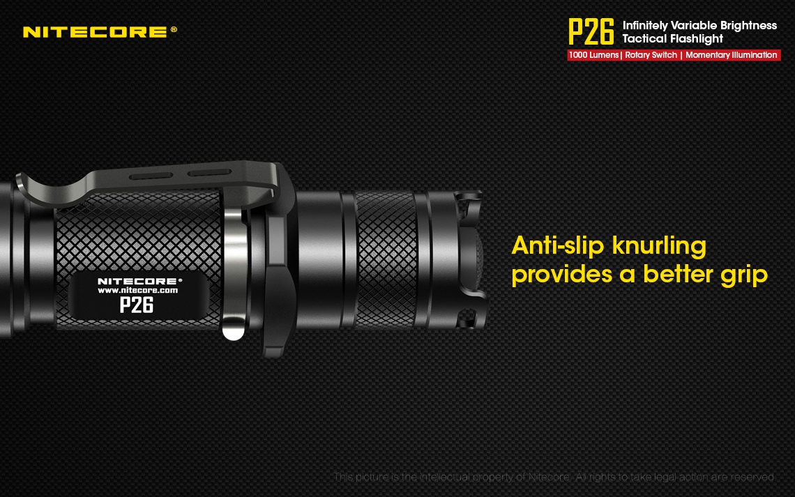 Maksymalny czas pracy (godz.): 500 | Zasięg wiązki światła (m): 310 | Baterie (kompatybilne): 1 x 18650 lub 2 x CR123 lub 2 x RCR123 | Światło stroboskopowe: tak | Źródło światła: Dioda LED CREE XP-L HI V3 | Długość całkowita (cm): 14.9 | Moc światła (L): 1000 | Waga (g): 128 - LifeGun.pl Latarka Nitecore P26 1000 lumenów-15