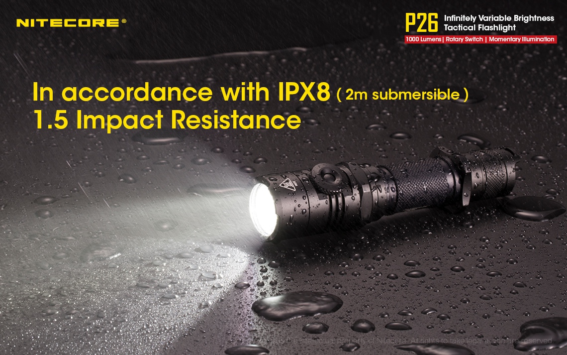 Maksymalny czas pracy (godz.): 500 | Zasięg wiązki światła (m): 310 | Baterie (kompatybilne): 1 x 18650 lub 2 x CR123 lub 2 x RCR123 | Światło stroboskopowe: tak | Źródło światła: Dioda LED CREE XP-L HI V3 | Długość całkowita (cm): 14.9 | Moc światła (L): 1000 | Waga (g): 128 - LifeGun.pl Latarka Nitecore P26 1000 lumenów-20