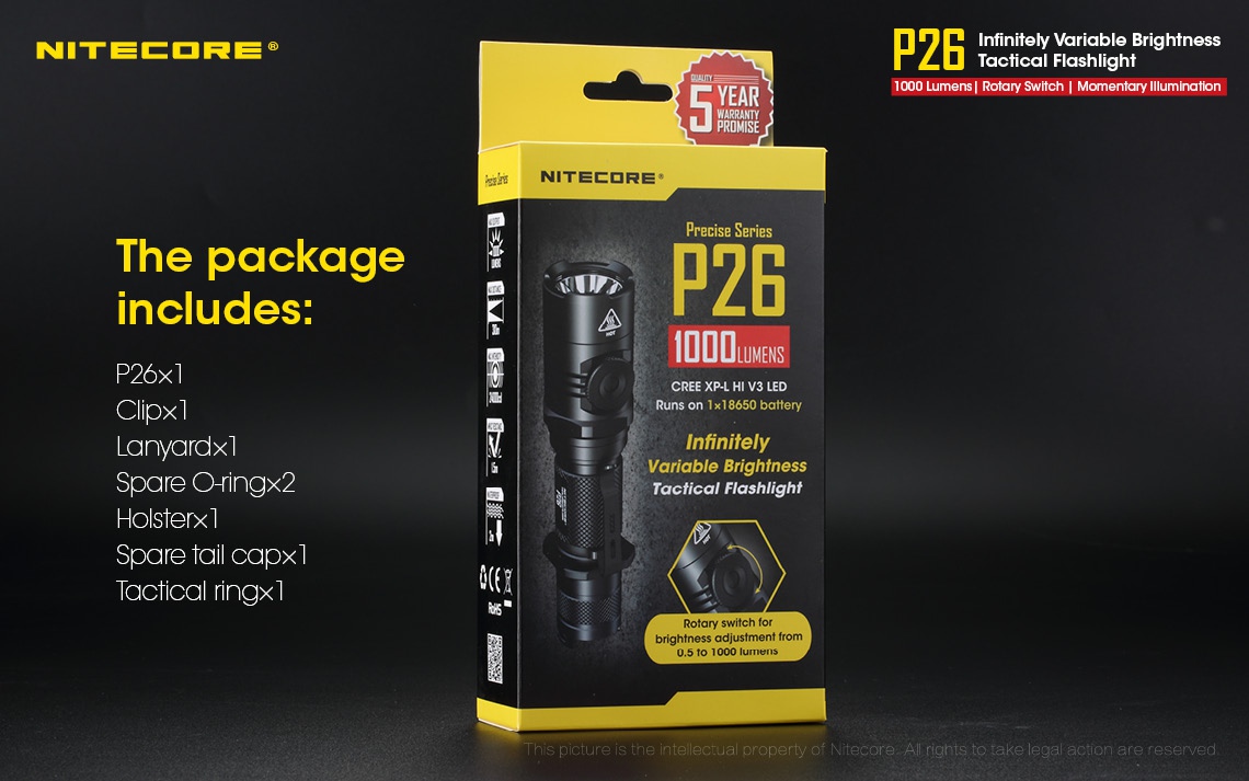 Maksymalny czas pracy (godz.): 500 | Zasięg wiązki światła (m): 310 | Baterie (kompatybilne): 1 x 18650 lub 2 x CR123 lub 2 x RCR123 | Światło stroboskopowe: tak | Źródło światła: Dioda LED CREE XP-L HI V3 | Długość całkowita (cm): 14.9 | Moc światła (L): 1000 | Waga (g): 128 - LifeGun.pl Latarka Nitecore P26 1000 lumenów-21