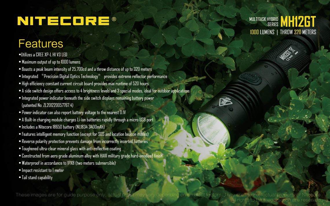 Zasięg wiązki światła (m): 320 | Wodoodporna: Tak - do 2 metrów | Długość całkowita (mm): 139 | Źródło światła: Dioda LED CREE XP-L HI V3 | Moc światła (L): 1000 | Waga (g): 87 - LifeGun.pl Latarka Nitecore MH12GT Multi-Task Hybrid 1000 lumenów-25