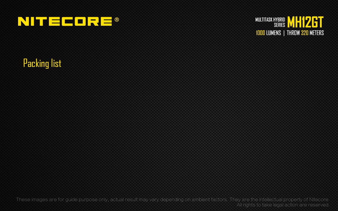 Zasięg wiązki światła (m): 320 | Wodoodporna: Tak - do 2 metrów | Długość całkowita (mm): 139 | Źródło światła: Dioda LED CREE XP-L HI V3 | Moc światła (L): 1000 | Waga (g): 87 - LifeGun.pl Latarka Nitecore MH12GT Multi-Task Hybrid 1000 lumenów-26