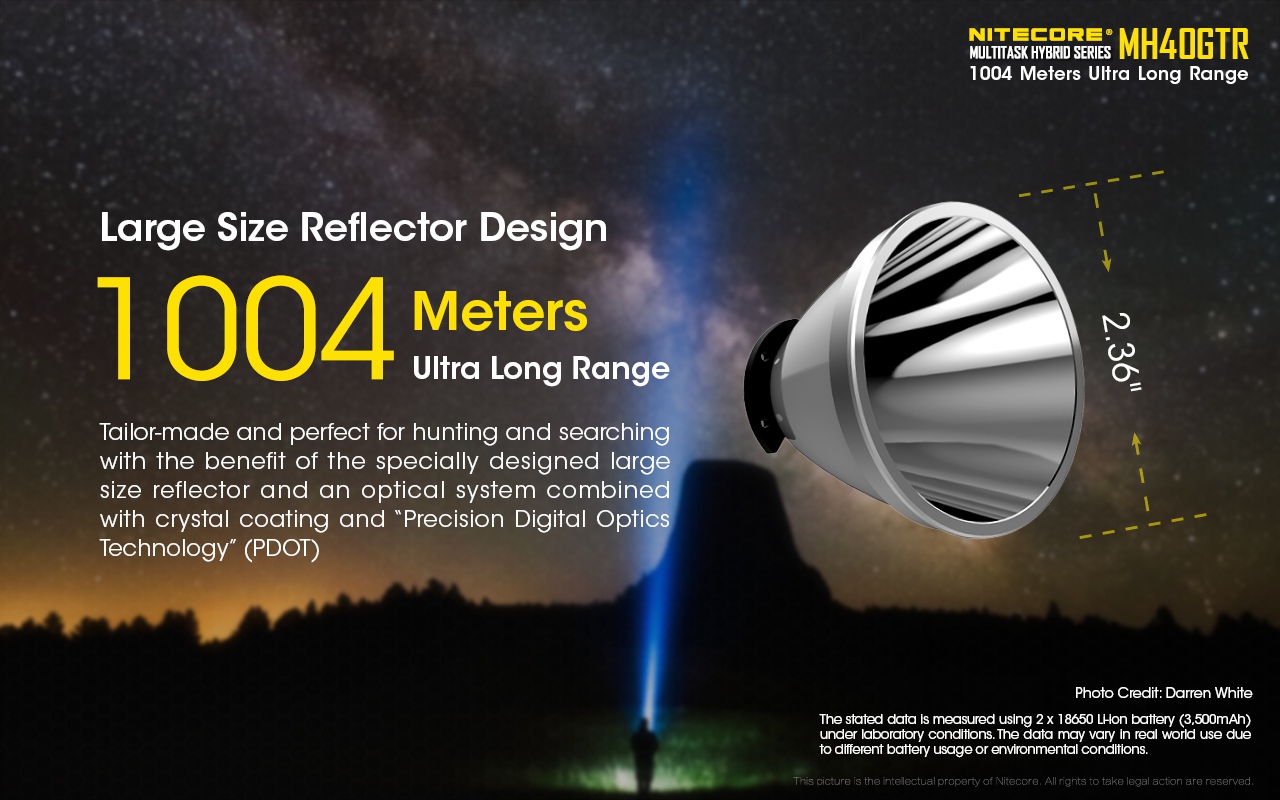 Światło S.O.S.: Tak | Maksymalny czas pracy (godz.): 140 | Zasięg wiązki światła (m): 1004 | Długość całkowita (mm): 257 | Średnica głowicy (mm): 70 | Źródło światła: LED CREE XP-L HI V3 | Światło stroboskopowe: tak | Moc światła (L): 1200 | Waga (g): 374 - LifeGun.pl Latarka Nitecore MH40GTR Multi-Task Hybrid 1200 lumenów-7