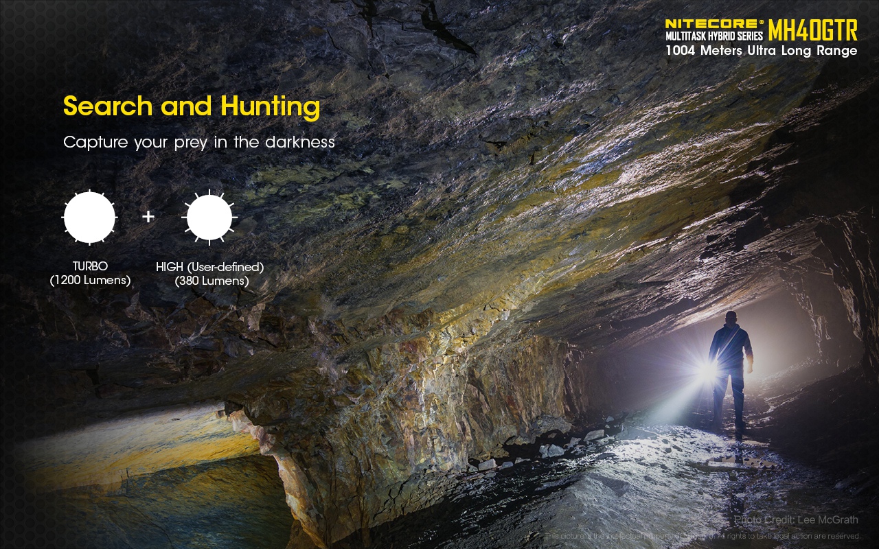 Światło S.O.S.: Tak | Maksymalny czas pracy (godz.): 140 | Zasięg wiązki światła (m): 1004 | Długość całkowita (mm): 257 | Średnica głowicy (mm): 70 | Źródło światła: LED CREE XP-L HI V3 | Światło stroboskopowe: tak | Moc światła (L): 1200 | Waga (g): 374 - LifeGun.pl Latarka Nitecore MH40GTR Multi-Task Hybrid 1200 lumenów-12