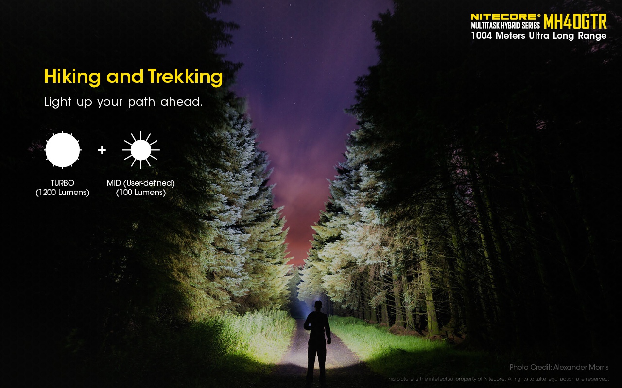 Światło S.O.S.: Tak | Maksymalny czas pracy (godz.): 140 | Zasięg wiązki światła (m): 1004 | Długość całkowita (mm): 257 | Średnica głowicy (mm): 70 | Źródło światła: LED CREE XP-L HI V3 | Światło stroboskopowe: tak | Moc światła (L): 1200 | Waga (g): 374 - LifeGun.pl Latarka Nitecore MH40GTR Multi-Task Hybrid 1200 lumenów-14