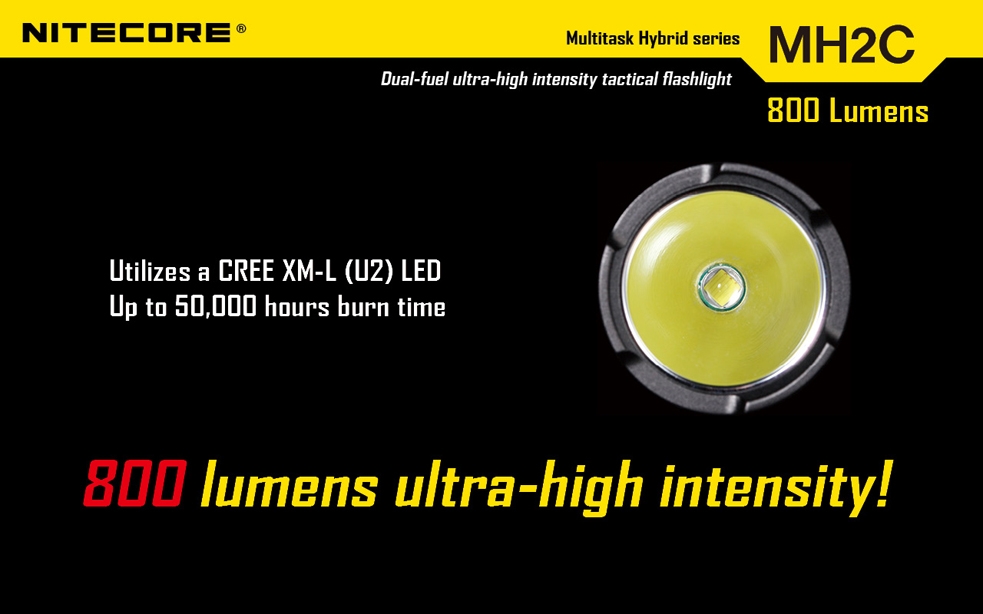 Światło S.O.S.: Tak | Maksymalny czas pracy (godz.): 28 | Zasięg wiązki światła (m): 140 | Waga bez baterii (g): 90 | Baterie w zestawie: 1x 18650 | Futerał: Tak | Wodoodporność: Do 2 m | Kolor: Czarny | Baterie (kompatybilne): 1 x 18650 lub 2 x CR123 | Długość całkowita (mm): 150 | Średnica głowicy (mm): 25 | Źródło światła: Dioda LED Premium CREE XM-L U2 | Światło stroboskopowe: tak | Moc światła (L): 800 - LifeGun.pl Latarka Nitecore MH2C Multitask Hybrid 800 Lumenów-12