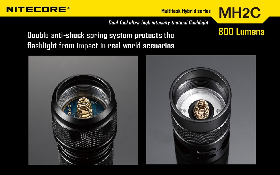 Światło S.O.S.: Tak | Maksymalny czas pracy (godz.): 28 | Zasięg wiązki światła (m): 140 | Waga bez baterii (g): 90 | Baterie w zestawie: 1x 18650 | Futerał: Tak | Wodoodporność: Do 2 m | Kolor: Czarny | Baterie (kompatybilne): 1 x 18650 lub 2 x CR123 | Długość całkowita (mm): 150 | Średnica głowicy (mm): 25 | Źródło światła: Dioda LED Premium CREE XM-L U2 | Światło stroboskopowe: tak | Moc światła (L): 800 - LifeGun.pl Latarka Nitecore MH2C Multitask Hybrid 800 Lumenów-14