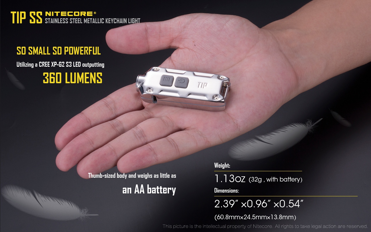 Latarka Nitecore TIP SS Tropical TIP SS używa diody LED CREE XP-G2 S3 emitujące światło o mocy do 360 lumenów. Urządzenie również jest wyposażone w odłączalny klips mocujący, który służy jako ochrona dla przycisków zapobiegając przed ich przypadkowym wciśnięciem. Latarkę można podładować dzięki wbudowanemu portu USB, sam akumulator li-on 500mAh jest w stanie wytrzymać do 46 godzin po jednym - LifeGun.pl Latarka Nitecore TIP SS Tropical-4