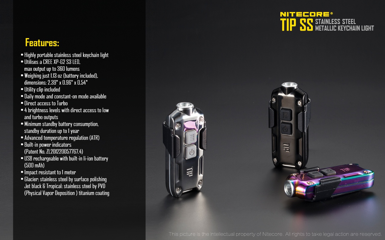Latarka Nitecore TIP SS Tropical TIP SS używa diody LED CREE XP-G2 S3 emitujące światło o mocy do 360 lumenów. Urządzenie również jest wyposażone w odłączalny klips mocujący, który służy jako ochrona dla przycisków zapobiegając przed ich przypadkowym wciśnięciem. Latarkę można podładować dzięki wbudowanemu portu USB, sam akumulator li-on 500mAh jest w stanie wytrzymać do 46 godzin po jednym - LifeGun.pl Latarka Nitecore TIP SS Tropical-17