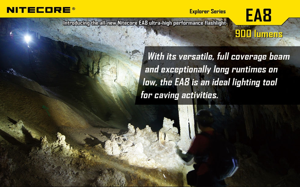 Światło S.O.S.: Tak | Maksymalny czas pracy (godz.): 800 | Zasięg wiązki światła (m): 490 | Waga bez baterii (g): 302 | Futerał: Tak | Wodoodporność: Do 2 m | Kolor: Czarny | Baterie (kompatybilne): 8x AA | Długość całkowita (mm): 183 | Średnica głowicy (mm): 60 | Źródło światła: Dioda LED Premium CREE XM-L U2 | Światło stroboskopowe: tak | Moc światła (L): 900 - LifeGun.pl Latarka Nitecore EA8 Explorer 900 Lumenów-6
