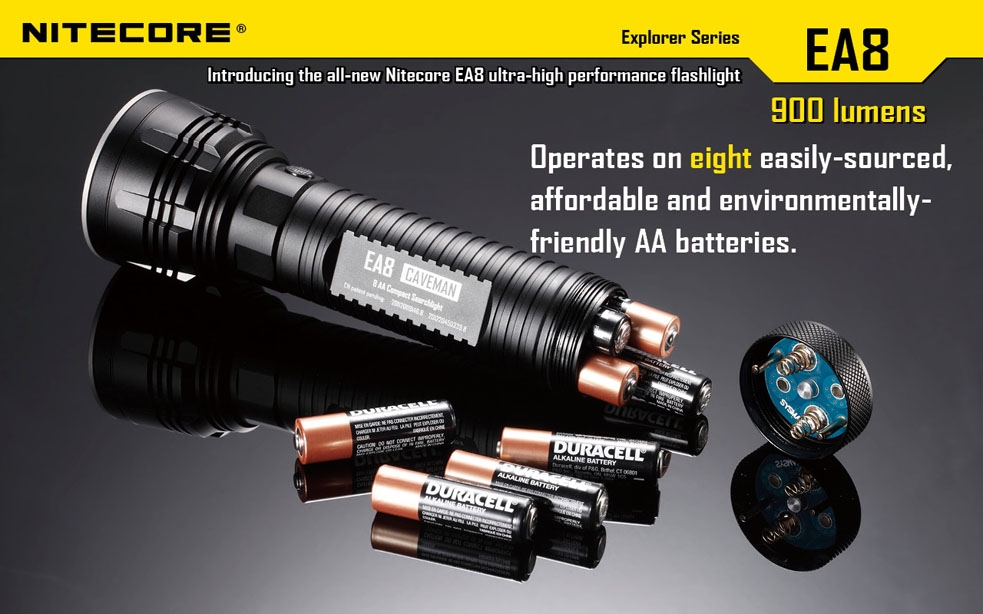 Światło S.O.S.: Tak | Maksymalny czas pracy (godz.): 800 | Zasięg wiązki światła (m): 490 | Waga bez baterii (g): 302 | Futerał: Tak | Wodoodporność: Do 2 m | Kolor: Czarny | Baterie (kompatybilne): 8x AA | Długość całkowita (mm): 183 | Średnica głowicy (mm): 60 | Źródło światła: Dioda LED Premium CREE XM-L U2 | Światło stroboskopowe: tak | Moc światła (L): 900 - LifeGun.pl Latarka Nitecore EA8 Explorer 900 Lumenów-13