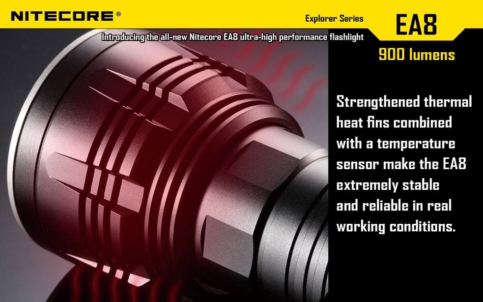 Światło S.O.S.: Tak | Maksymalny czas pracy (godz.): 800 | Zasięg wiązki światła (m): 490 | Waga bez baterii (g): 302 | Futerał: Tak | Wodoodporność: Do 2 m | Kolor: Czarny | Baterie (kompatybilne): 8x AA | Długość całkowita (mm): 183 | Średnica głowicy (mm): 60 | Źródło światła: Dioda LED Premium CREE XM-L U2 | Światło stroboskopowe: tak | Moc światła (L): 900 - LifeGun.pl Latarka Nitecore EA8 Explorer 900 Lumenów-16