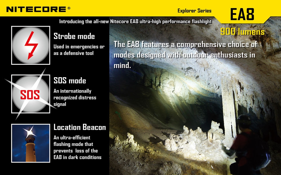 Światło S.O.S.: Tak | Maksymalny czas pracy (godz.): 800 | Zasięg wiązki światła (m): 490 | Waga bez baterii (g): 302 | Futerał: Tak | Wodoodporność: Do 2 m | Kolor: Czarny | Baterie (kompatybilne): 8x AA | Długość całkowita (mm): 183 | Średnica głowicy (mm): 60 | Źródło światła: Dioda LED Premium CREE XM-L U2 | Światło stroboskopowe: tak | Moc światła (L): 900 - LifeGun.pl Latarka Nitecore EA8 Explorer 900 Lumenów-18
