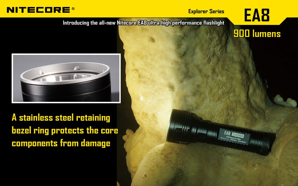 Światło S.O.S.: Tak | Maksymalny czas pracy (godz.): 800 | Zasięg wiązki światła (m): 490 | Waga bez baterii (g): 302 | Futerał: Tak | Wodoodporność: Do 2 m | Kolor: Czarny | Baterie (kompatybilne): 8x AA | Długość całkowita (mm): 183 | Średnica głowicy (mm): 60 | Źródło światła: Dioda LED Premium CREE XM-L U2 | Światło stroboskopowe: tak | Moc światła (L): 900 - LifeGun.pl Latarka Nitecore EA8 Explorer 900 Lumenów-19