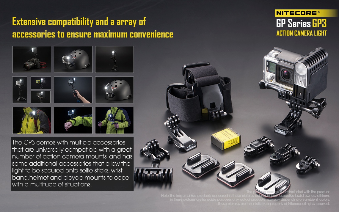 Latarka Nitecore GP3 360 lumenów do Go Pro Latarka GP3 to doskonałe rozwiązanie do kamer Go Pro, zapewniających potrzebne oświetlenie podczas filmowania w warunkach słabego światła. Wbudowany i przesuwany dyfuzor zapewnia możliwość nagrywania oraz oświetlania bardziej dynamicznych i żywych obrazów, zwiększając ich jakość. Zasięg wiązki światła to 105 metrów, dzięki czemu mamy możliwość oświetlenia na - LifeGun.pl Latarka Nitecore GP3 360 lumenów do Go Pro-2