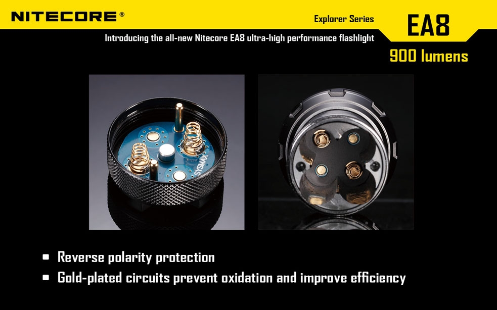 Światło S.O.S.: Tak | Maksymalny czas pracy (godz.): 800 | Zasięg wiązki światła (m): 490 | Waga bez baterii (g): 302 | Futerał: Tak | Wodoodporność: Do 2 m | Kolor: Czarny | Baterie (kompatybilne): 8x AA | Długość całkowita (mm): 183 | Średnica głowicy (mm): 60 | Źródło światła: Dioda LED Premium CREE XM-L U2 | Światło stroboskopowe: tak | Moc światła (L): 900 - LifeGun.pl Latarka Nitecore EA8 Explorer 900 Lumenów-21