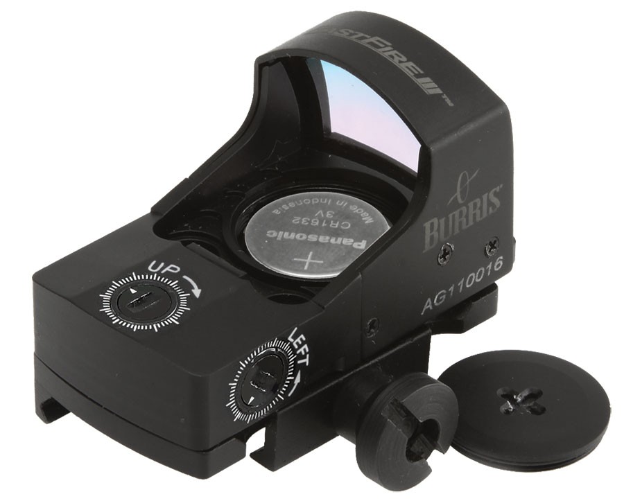 Obudowa: 100% wodoodporna | Zakres powiększeń (x): 1 | Kolor: Czarny | Baterie (kompatybilne): 1 x CR1632 | Przeciwwiatrowa: osłona | Krzyż celowniczy: czerwona kropka MOA | Waga (g): 25 bez montażu - LifeGun.pl Kolimator Burris FastFire III (300234) + Mont Picatinny 3 MOA-2