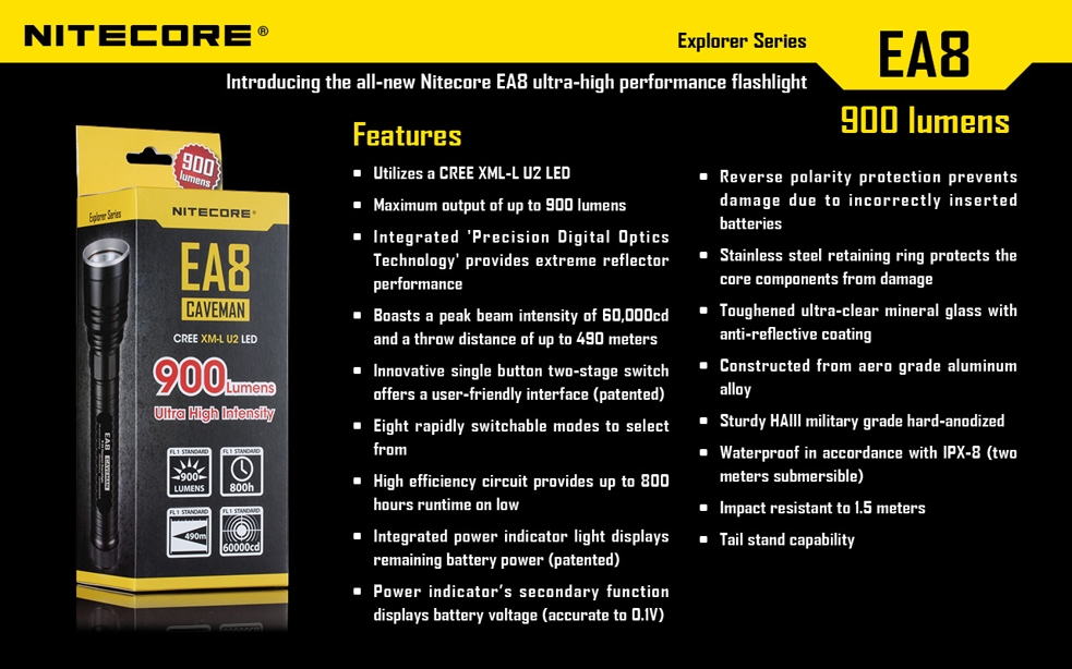 Światło S.O.S.: Tak | Maksymalny czas pracy (godz.): 800 | Zasięg wiązki światła (m): 490 | Waga bez baterii (g): 302 | Futerał: Tak | Wodoodporność: Do 2 m | Kolor: Czarny | Baterie (kompatybilne): 8x AA | Długość całkowita (mm): 183 | Średnica głowicy (mm): 60 | Źródło światła: Dioda LED Premium CREE XM-L U2 | Światło stroboskopowe: tak | Moc światła (L): 900 - LifeGun.pl Latarka Nitecore EA8 Explorer 900 Lumenów-25
