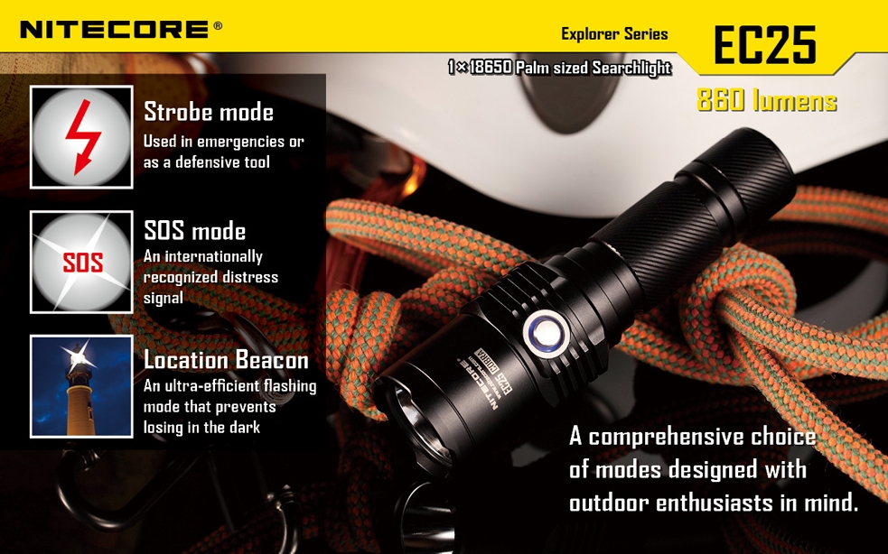 Światło S.O.S.: Tak | Maksymalny czas pracy (godz.): 25 | Zasięg wiązki światła (m): 222 | Waga bez baterii (g): 122 | Futerał: Tak | Wodoodporność: Do 2 m | Kolor: Czarny | Baterie (kompatybilne): 1 x 18650 lub 2 x CR123 | Długość całkowita (mm): 128 | Średnica głowicy (mm): 34 | Źródło światła: Dioda LED Premium CREE XM-L U2 | Światło stroboskopowe: tak | Moc światła (L): 860 - LifeGun.pl Latarka Nitecore EC25 Cobra Explorer 860 Lumenów-17
