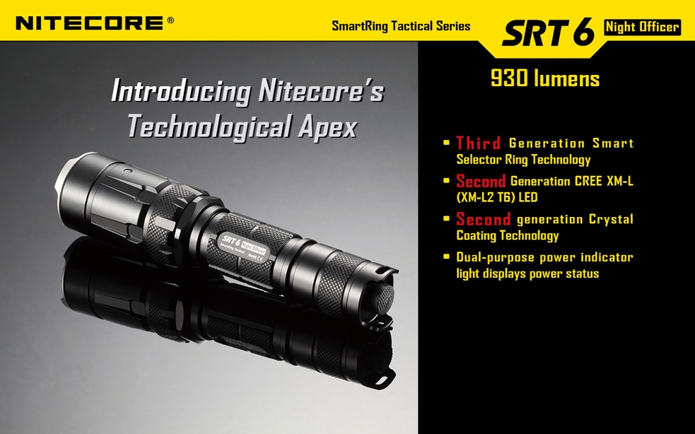 Światło S.O.S.: Tak | Maksymalny czas pracy (godz.): 200 | Zasięg wiązki światła (m): 260 | Waga bez baterii (g): 145 | Futerał: Tak | Wodoodporność: Do 2 m | Kolor: Czarny | Baterie (kompatybilne): 1 x 18650 lub 2 x CR123 | Długość całkowita (mm): 153 | Średnica głowicy (mm): 34 | Źródło światła: Dioda LED CREE XM-L2 (T6) | Światło stroboskopowe: tak | Moc światła (L): 930 - LifeGun.pl Latarka Nitecore SRT6 SmartRing Night Officer Tactical 930 Lumenów-4