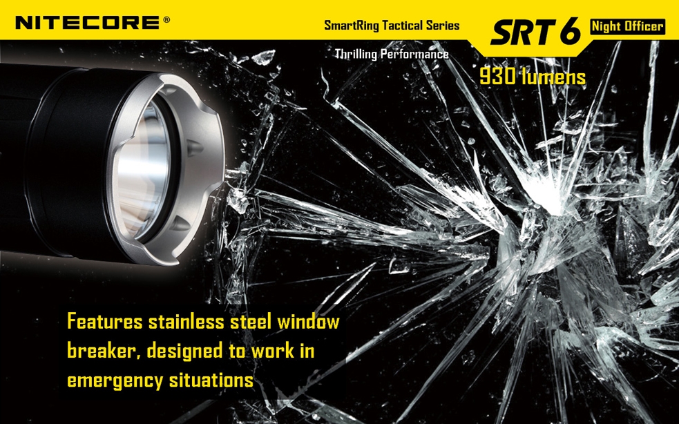 Światło S.O.S.: Tak | Maksymalny czas pracy (godz.): 200 | Zasięg wiązki światła (m): 260 | Waga bez baterii (g): 145 | Futerał: Tak | Wodoodporność: Do 2 m | Kolor: Czarny | Baterie (kompatybilne): 1 x 18650 lub 2 x CR123 | Długość całkowita (mm): 153 | Średnica głowicy (mm): 34 | Źródło światła: Dioda LED CREE XM-L2 (T6) | Światło stroboskopowe: tak | Moc światła (L): 930 - LifeGun.pl Latarka Nitecore SRT6 SmartRing Night Officer Tactical 930 Lumenów-14