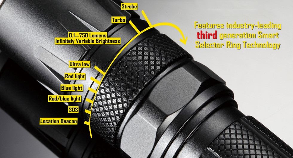 Światło S.O.S.: Tak | Maksymalny czas pracy (godz.): 450 | Zasięg wiązki światła (m): 155 | Waga bez baterii (g): 77 | Futerał: Tak | Wodoodporność: Do 2 m | Kolor: Czarny | Baterie (kompatybilne): 1 x 18650 lub 2 x CR123 | Długość całkowita (mm): 136 | Średnica głowicy (mm): 25 | Źródło światła: Dioda LED CREE XM-L2 (T6) | Światło stroboskopowe: tak | Moc światła (L): 750 - LifeGun.pl Latarka Nitecore SRT5 SmartRing Tactical Detective 750 Lumenów-4