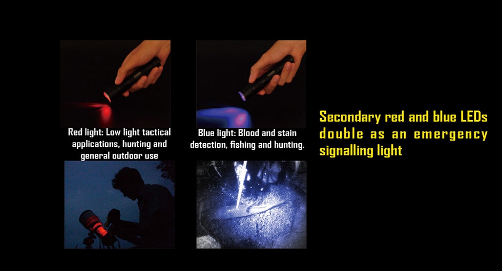 Światło S.O.S.: Tak | Maksymalny czas pracy (godz.): 450 | Zasięg wiązki światła (m): 155 | Waga bez baterii (g): 77 | Futerał: Tak | Wodoodporność: Do 2 m | Kolor: Czarny | Baterie (kompatybilne): 1 x 18650 lub 2 x CR123 | Długość całkowita (mm): 136 | Średnica głowicy (mm): 25 | Źródło światła: Dioda LED CREE XM-L2 (T6) | Światło stroboskopowe: tak | Moc światła (L): 750 - LifeGun.pl Latarka Nitecore SRT5 SmartRing Tactical Detective 750 Lumenów-6