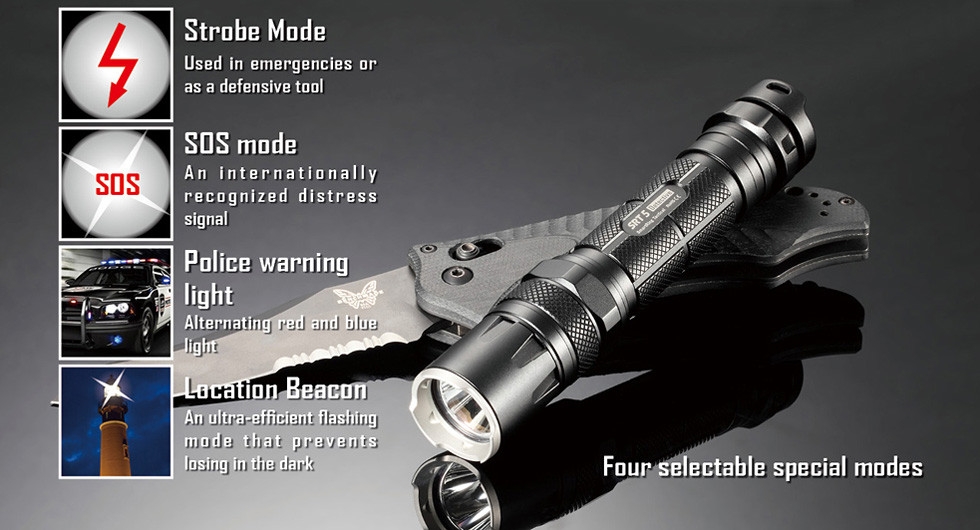 Światło S.O.S.: Tak | Maksymalny czas pracy (godz.): 450 | Zasięg wiązki światła (m): 155 | Waga bez baterii (g): 77 | Futerał: Tak | Wodoodporność: Do 2 m | Kolor: Czarny | Baterie (kompatybilne): 1 x 18650 lub 2 x CR123 | Długość całkowita (mm): 136 | Średnica głowicy (mm): 25 | Źródło światła: Dioda LED CREE XM-L2 (T6) | Światło stroboskopowe: tak | Moc światła (L): 750 - LifeGun.pl Latarka Nitecore SRT5 SmartRing Tactical Detective 750 Lumenów-11