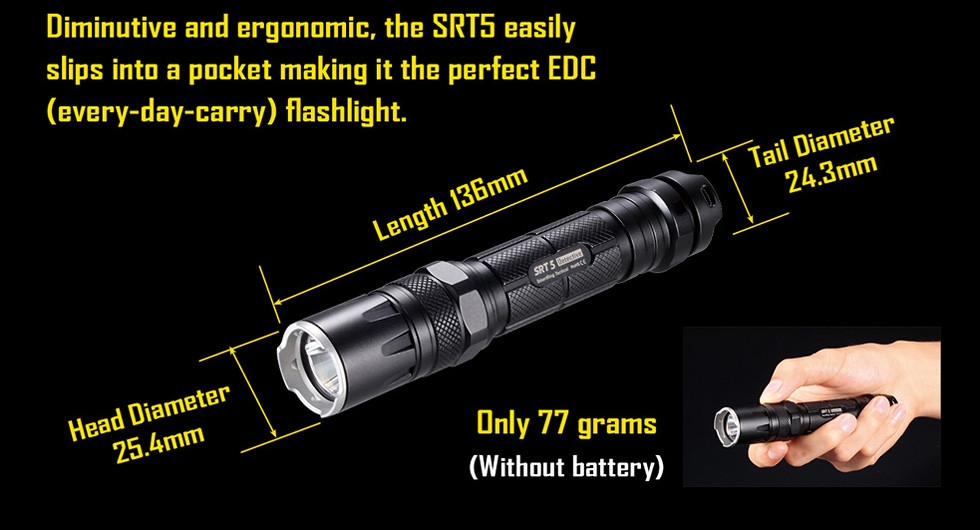 Światło S.O.S.: Tak | Maksymalny czas pracy (godz.): 450 | Zasięg wiązki światła (m): 155 | Waga bez baterii (g): 77 | Futerał: Tak | Wodoodporność: Do 2 m | Kolor: Czarny | Baterie (kompatybilne): 1 x 18650 lub 2 x CR123 | Długość całkowita (mm): 136 | Średnica głowicy (mm): 25 | Źródło światła: Dioda LED CREE XM-L2 (T6) | Światło stroboskopowe: tak | Moc światła (L): 750 - LifeGun.pl Latarka Nitecore SRT5 SmartRing Tactical Detective 750 Lumenów-18