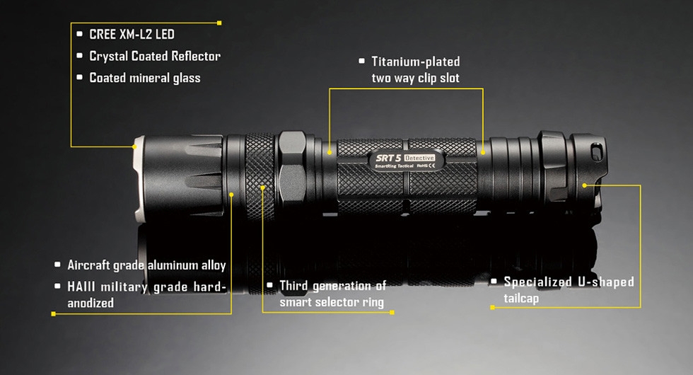 Światło S.O.S.: Tak | Maksymalny czas pracy (godz.): 450 | Zasięg wiązki światła (m): 155 | Waga bez baterii (g): 77 | Futerał: Tak | Wodoodporność: Do 2 m | Kolor: Czarny | Baterie (kompatybilne): 1 x 18650 lub 2 x CR123 | Długość całkowita (mm): 136 | Średnica głowicy (mm): 25 | Źródło światła: Dioda LED CREE XM-L2 (T6) | Światło stroboskopowe: tak | Moc światła (L): 750 - LifeGun.pl Latarka Nitecore SRT5 SmartRing Tactical Detective 750 Lumenów-20