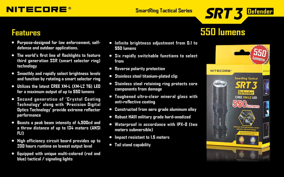 Światło S.O.S.: Tak | Maksymalny czas pracy (godz.): 200 | Zasięg wiązki światła (m): 134 | Waga bez baterii (g): 73 | Futerał: Tak | Wodoodporność: Do 2 m | Kolor: Czarny | Baterie (kompatybilne): 1x CR123 | Długość całkowita (mm): 100 | Średnica głowicy (mm): 25 | Źródło światła: Dioda LED CREE XM-L2 (T6) | Światło stroboskopowe: tak | Moc światła (L): 550 - LifeGun.pl Latarka Nitecore SRT3 SmartRing Tactical Defender 550 Lumenów-30