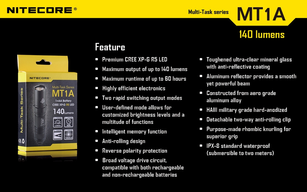 Światło S.O.S.: Tak | Maksymalny czas pracy (godz.): 60 | Zasięg wiązki światła (m): 86 | Waga bez baterii (g): 55 | Futerał: Nie | Wodoodporność: Do 2 m | Kolor: Czarny | Baterie (kompatybilne): 1x AA | Długość całkowita (mm): 105 | Średnica głowicy (mm): 22,5 | Źródło światła: Dioda LED Premium CREE XP-G R5 | Światło stroboskopowe: tak | Moc światła (L): 140 - LifeGun.pl Latarka Nitecore MT1A 140 Lumenów-20