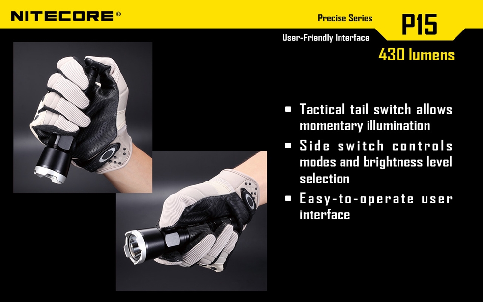 Światło S.O.S.: Tak | Maksymalny czas pracy (godz.): 520 | Zasięg wiązki światła (m): 278 | Waga bez baterii (g): 132 | Futerał: Tak | Wodoodporność: Do 2 m | Kolor: Czarny | Baterie (kompatybilne): 1 x 18650 lub 2 x CR123 | Długość całkowita (mm): 151 | Średnica głowicy (mm): 40 | Źródło światła: Dioda LED Premium CREE XP-G2 | Światło stroboskopowe: tak | Moc światła (L): 430 - LifeGun.pl Latarka Nitecore P15 Precise 430 Lumenów-10