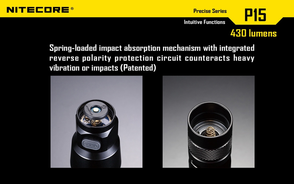 Światło S.O.S.: Tak | Maksymalny czas pracy (godz.): 520 | Zasięg wiązki światła (m): 278 | Waga bez baterii (g): 132 | Futerał: Tak | Wodoodporność: Do 2 m | Kolor: Czarny | Baterie (kompatybilne): 1 x 18650 lub 2 x CR123 | Długość całkowita (mm): 151 | Średnica głowicy (mm): 40 | Źródło światła: Dioda LED Premium CREE XP-G2 | Światło stroboskopowe: tak | Moc światła (L): 430 - LifeGun.pl Latarka Nitecore P15 Precise 430 Lumenów-12