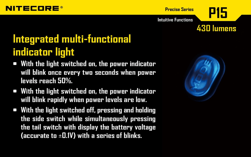 Światło S.O.S.: Tak | Maksymalny czas pracy (godz.): 520 | Zasięg wiązki światła (m): 278 | Waga bez baterii (g): 132 | Futerał: Tak | Wodoodporność: Do 2 m | Kolor: Czarny | Baterie (kompatybilne): 1 x 18650 lub 2 x CR123 | Długość całkowita (mm): 151 | Średnica głowicy (mm): 40 | Źródło światła: Dioda LED Premium CREE XP-G2 | Światło stroboskopowe: tak | Moc światła (L): 430 - LifeGun.pl Latarka Nitecore P15 Precise 430 Lumenów-13