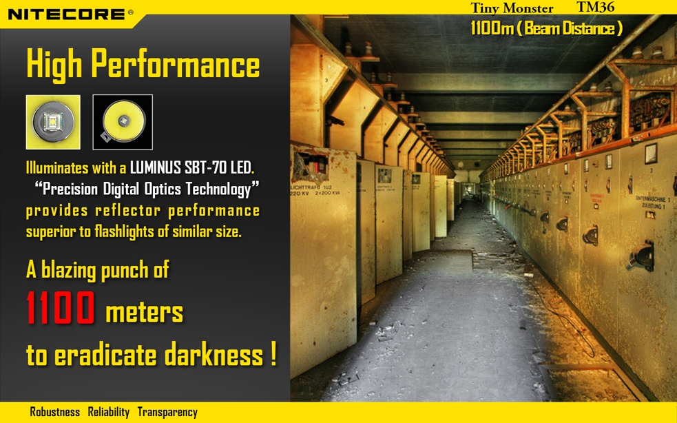Światło S.O.S.: Tak | Maksymalny czas pracy (godz.): 67 | Zasięg wiązki światła (m): 1100 | Waga bez baterii (g): 1344 | Baterie w zestawie: NBP 52 | Futerał: Nie | Wodoodporność: Do 2 m | Kolor: Czarny | Baterie (kompatybilne): NBP 52 (w zestawie) | Długość całkowita (mm): 278 | Średnica głowicy (mm): 90 | Źródło światła: LUMINUS SBT-70 LED | Światło stroboskopowe: tak | Moc światła (L): 1800 - LifeGun.pl Latarka Nitecore TM36 Tiny Monster 1800 Lumenów-8
